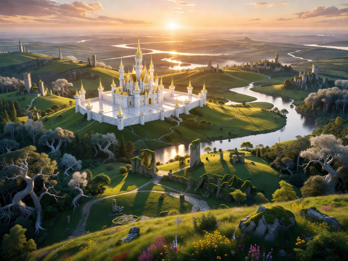 Vast shining kingdom landscape stretching toward the horizon