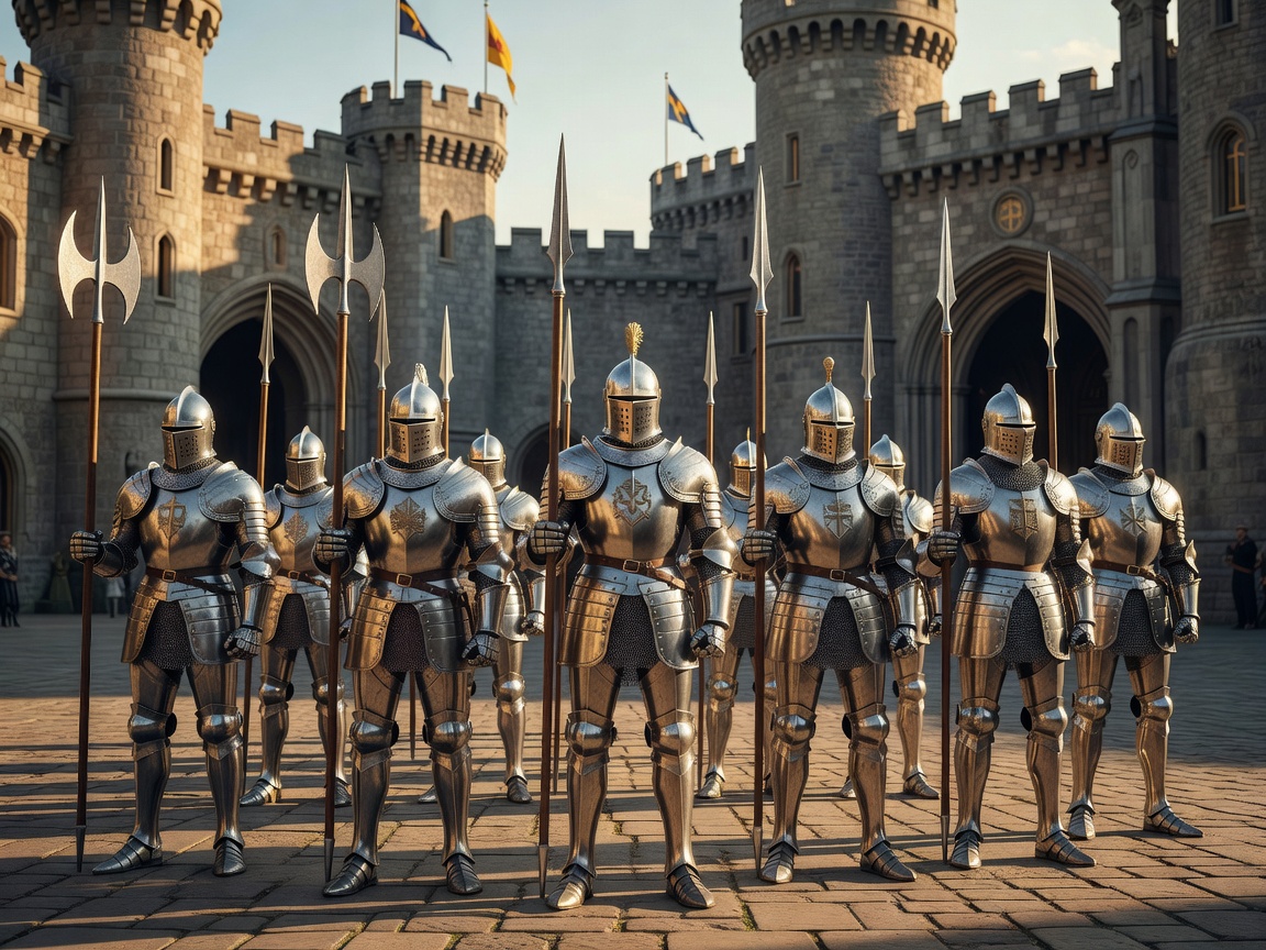 Noble knights of Camelot in shining armor standing guard