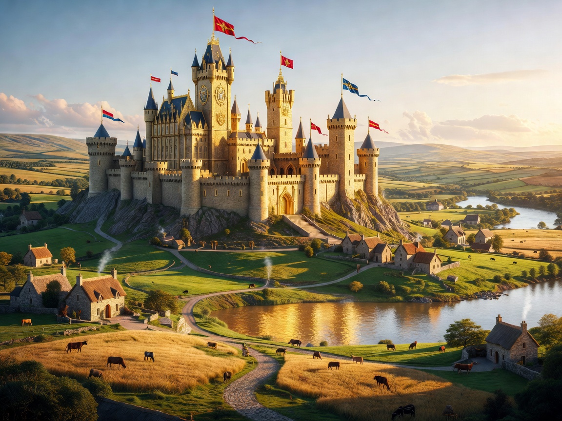 Magnificent royal castles towering over the golden kingdom of Camelot