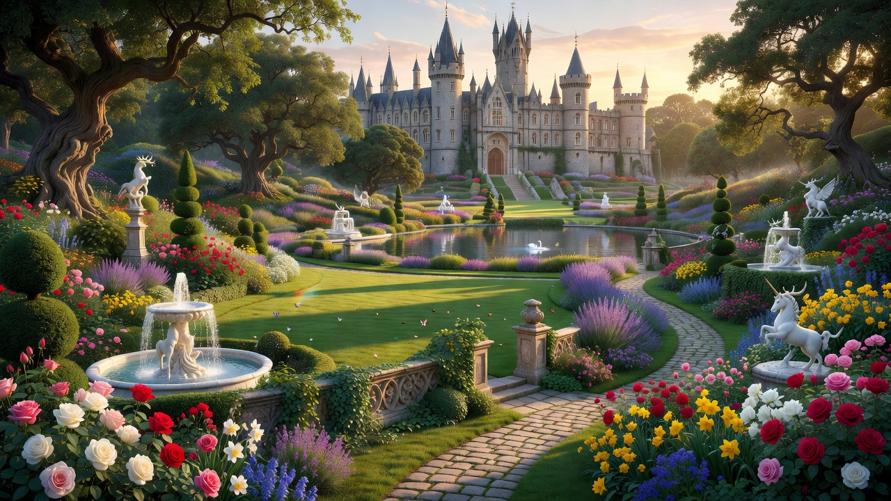 Lush, beautiful royal gardens surrounding the Camelot palace