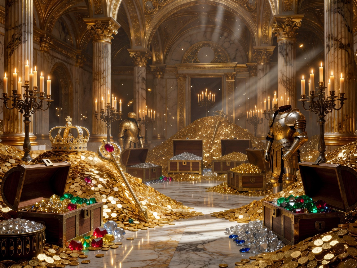 Golden royal treasury chamber filled with legendary kingdom wealth
