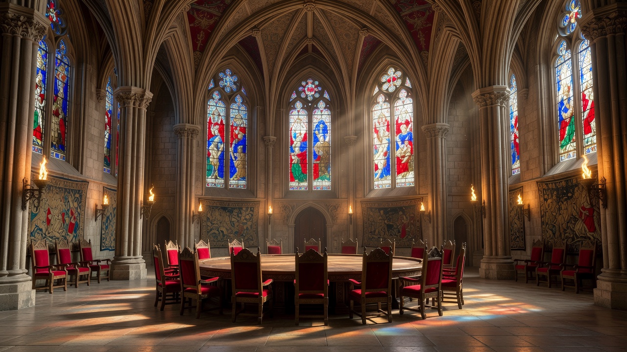The Great Hall of Camelot, beautifully lit with grand architecture